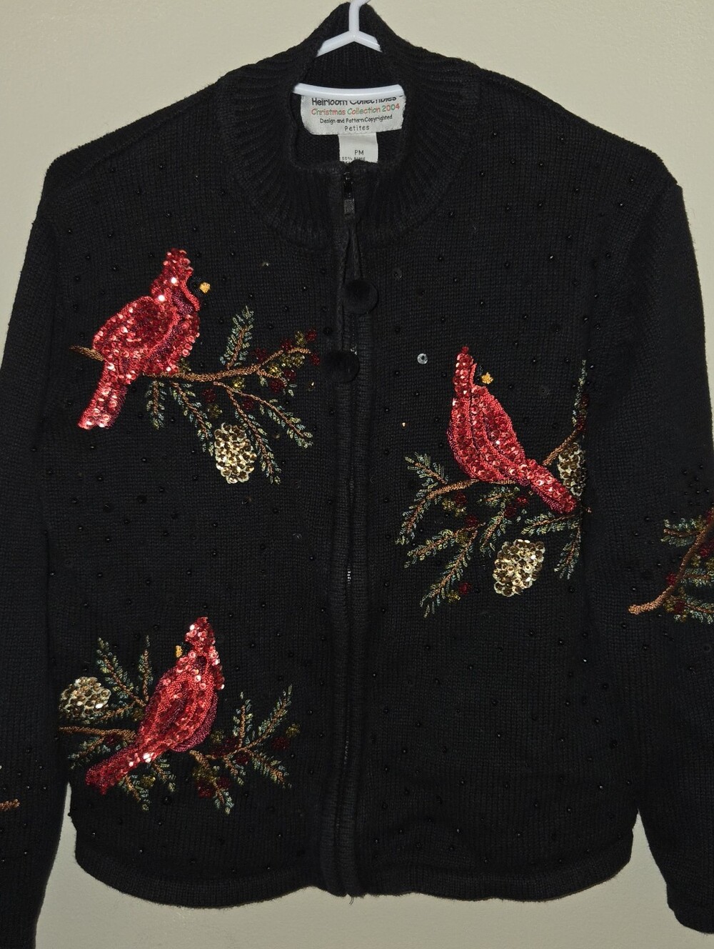Vintage Sequin Cardinal Knit Quarter Zip Sweater - Black Size PM Grandma